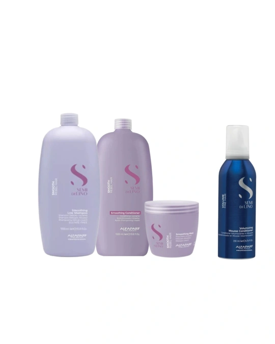 Alfaparf Milano Semi Di Lino Smooth Smoothing Low Shampoo 1000ml + Alfaparf Milano Semi Di Lino Smoothing Conditioner 1000ml + Alfaparf Milano Semi Di Lino Smoothing Mask 500ml + Ajándék Alfaparf Semi di Lino Volume Mousse Conditioner 200ml főképe